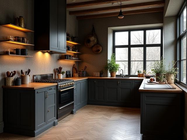 Stilrent kök i Vasastan med mässingsdetaljer och mörkträinredning