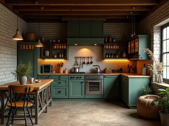 Charmigt lantkök med inslag av industriell design och metallhyllor