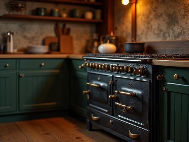 Noggrant restaurerad gammal gjutjärnsspis i ett traditionellt kök