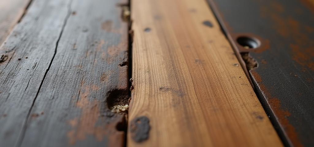 Närbild på texturerade, råa material som trä och metall, symboliserar hållbart hantverk.