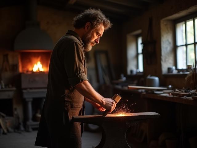 Vittra Verk grundare i sin smedja, med hammar och städ