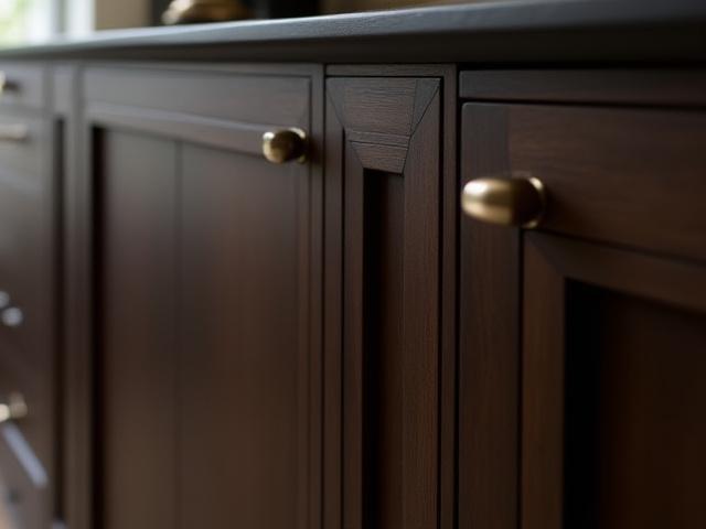 Detalj av ett skräddarsytt kök med mörka träskåp och metallhandtag